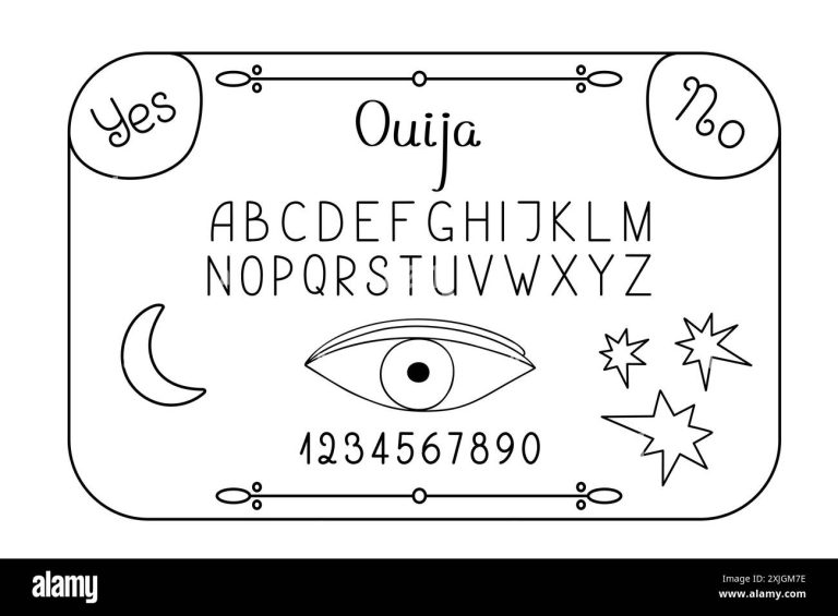 white paper with black ouija board drawing