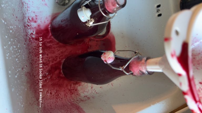 glass bottles full of red liquid in a white sink with red liquid sprayed out of them. a white plastic funnel is out of focus in one of the bottles to the right